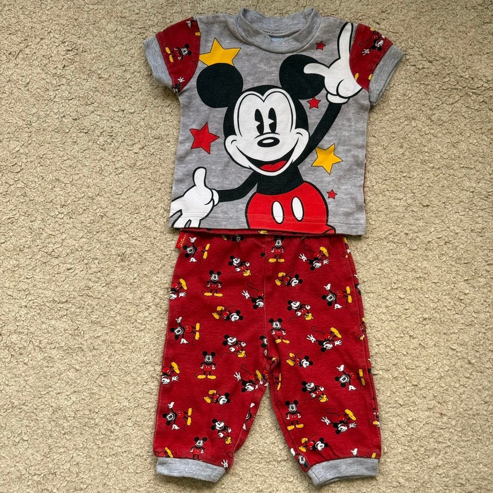 Vintage 90s Disney Mickey Mouse Infant Pajama Set - 100% Cotton Grey & Red - 3M